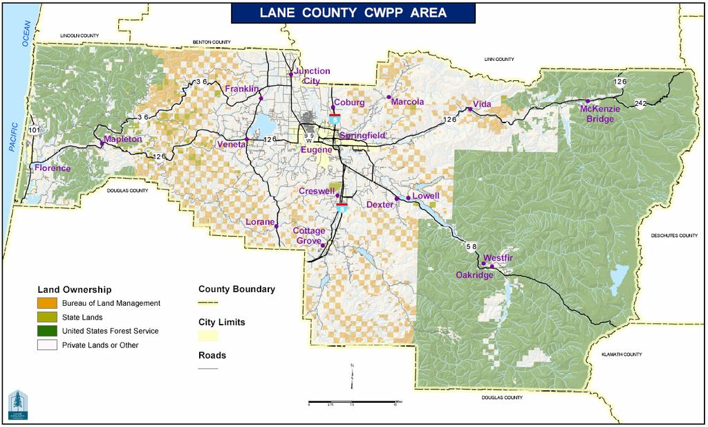 What area will the CWPP affect? Lane County covers 2.9 million acres, stretching from the Pacific Ocean to the Crest of the Cascade Mountains. Nearly 90% of the County is forestlands.