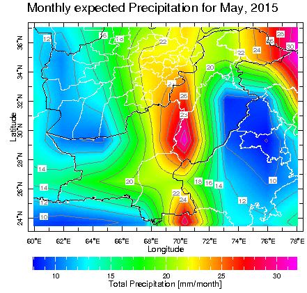NORMALLY EXPECTED WEATHER DURING MAY, 2015 According to long term average, precipitation over Potohar plateau and upper Khyber Pakhtunkhawa ranges between 25 mm and 40 mm, Central Punjab and Southern