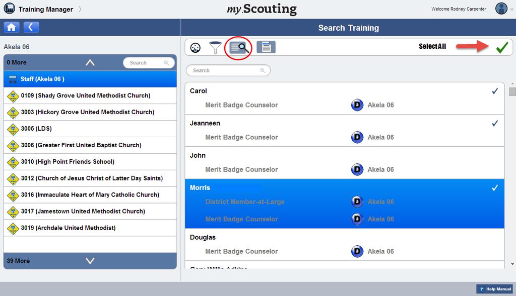 To view details of individual member s training record, select member(s) from the list