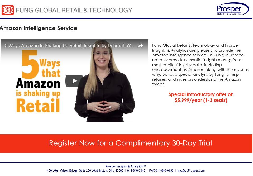 The Amazon Shopper Intelligence service combines Fung Global Retail & Technology analysis and commentary with input on thousands of US shoppers from Prosper.