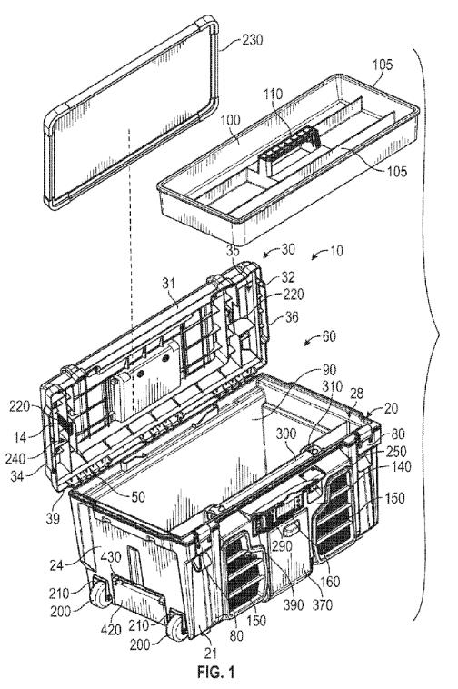 Examples Example 3 US9566704 A toolbox comprises a rigid case having an open top side providing access to an internal case storage volume therein, and a rigid cover with an open bottom side open to a