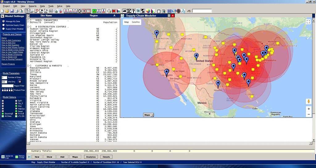 Optimizing Your Supply Chain Logix shows your model and uses proprietary algorithms to determine the least cost network