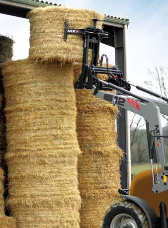 stacking up to 5 bales high with a tractor loader unit.