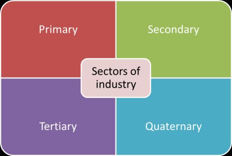 Sectors of Industrial Activity There are 4 sectors of industry: Primary Sector Businesses that are involved in taking natural resources from the land by exploiting or extracting them (eg farming,