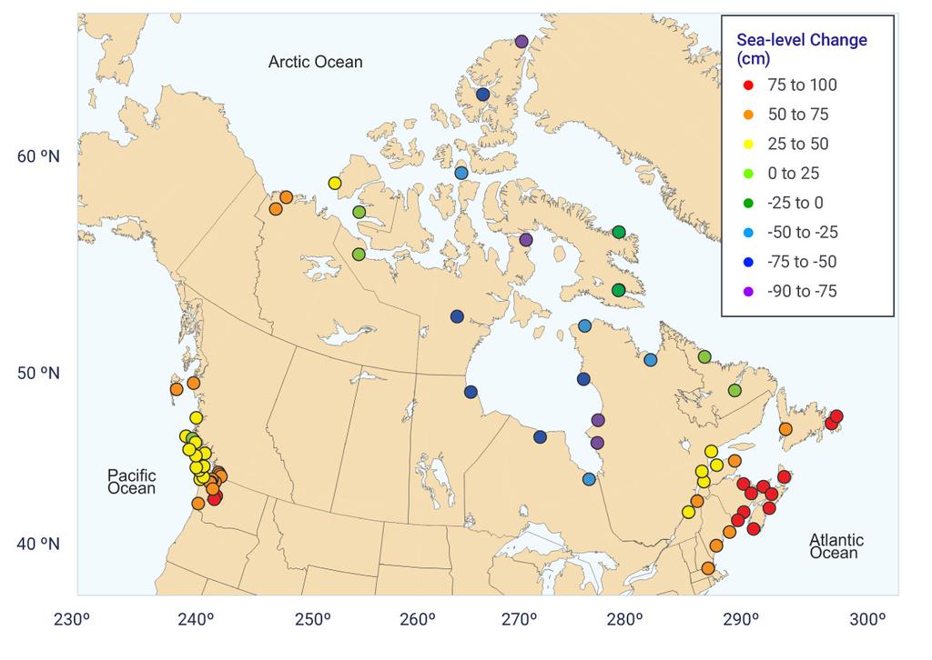 15 Figure ES.9. Projected relative (local) sea-level change along Canadian coastlines at the end of the century.