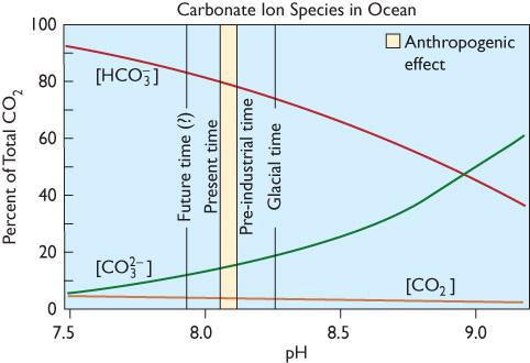 CO2 As CO2 builds up in the lower atmosphere, more of it diffuses into the ocean. CO2 complexes with water molecules to form carbonic acid. This increases the acidity of the seawater. Figure 16.