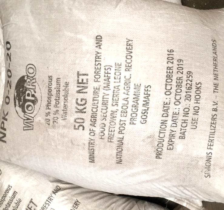 Moyamba district which did not carry the Fertilizer expiry date on the bags. See photo below for details: Photo of fertiliser bags with their expiry dates inscribed on them.