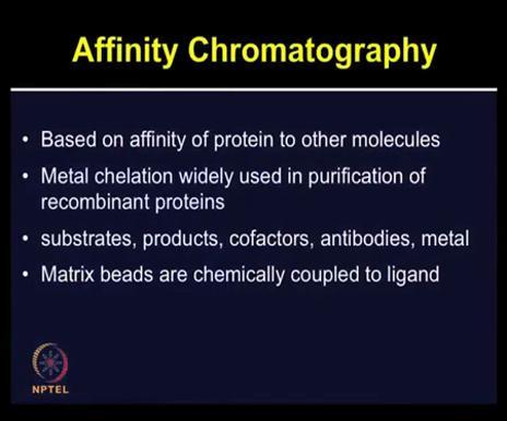 protein purification. (Refer Slide Time: 19:58) So affinity chromatography is based on affinity of proteins to its ligands or other molecules.