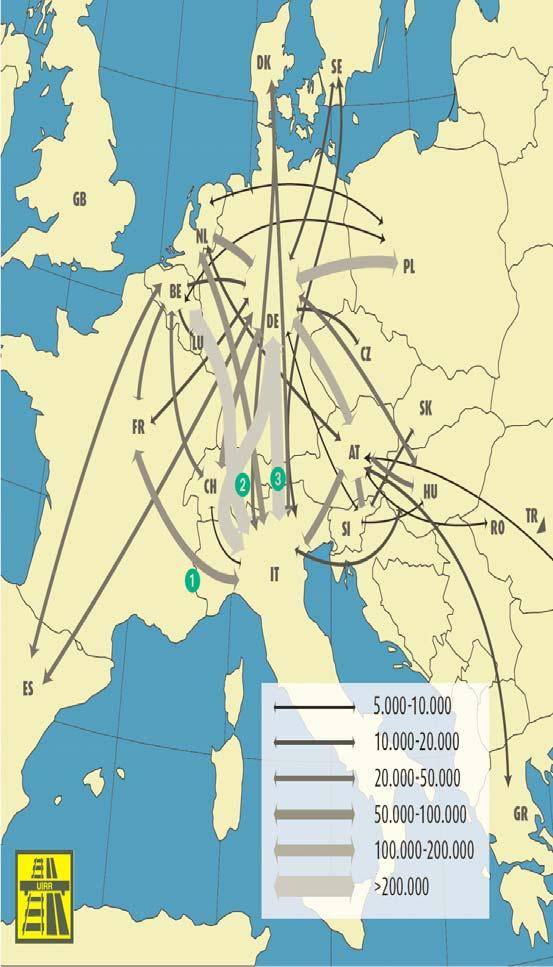 Intermodal transport flows in Europe Main traffic in North-South