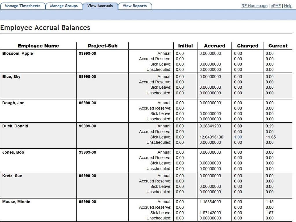 View Accruals To view accruals for the employees assigned to a specific group, Click the View