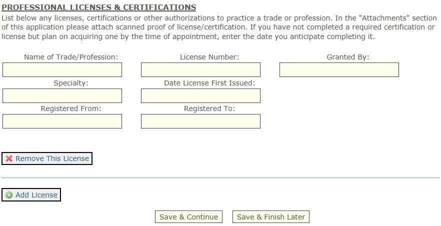 License / Certificates tab: Some examinations require specific professional licenses or certifications.