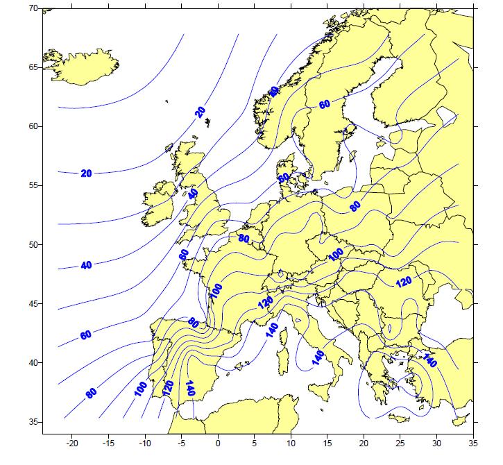 Cooling Demand Index in Europe European cooling index (ECI) computed from information from 80 urban locations. The average space cooling demand should be proportional to this index.