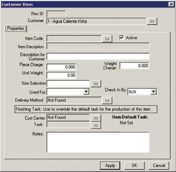 Figure 8. Customer Item Dialog. 6. Click the selection button next to Item Code to pick a production item from the list. 7.