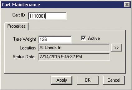 Managing Carts Each cart in your inventory needs labeled and added to the system. You use the Cart Maintenance dialog to add new carts, modify existing carts, and to change the active status.