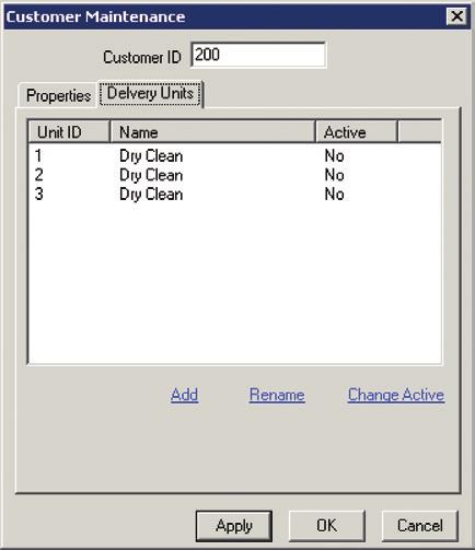 When a customer has separate delivery areas for some items (e.g., dry-cleaned garments), these delivery areas need added on the Delivery Units tab.