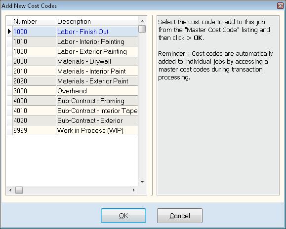 Adding a Cost Code to a Job At the Maintain Cost Code List, click >New and the system will display the Add New Cost Codes screen.