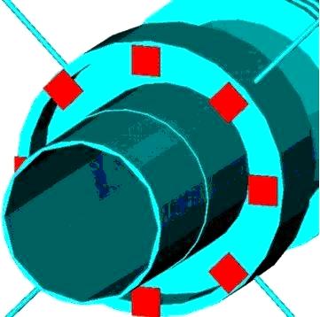 Figure 3.4: Schematic view of the eight CVD-diamond sensors surrounding the beampipe at the downstream BCM station. scenarios.