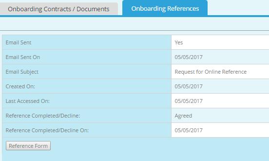 Onboarding process - managing a candidate's onboarding continued... The second tab, Onboarding References, displays which references have been sent and which have already been returned.