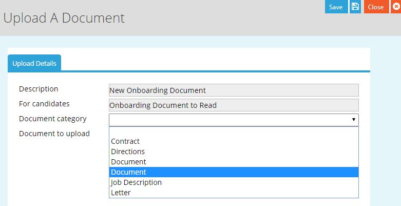 Onboarding settings continued... 2. Enter a document name under Description and a candidate-friendly title under For Candidates.