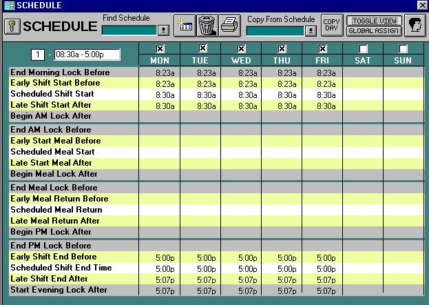 The Underlying Schedule View The following illustrates how our sample 08:30a 0500p schedule will work. You can look at this underlying view anytime you wish simply by clicking the Toggle View button.