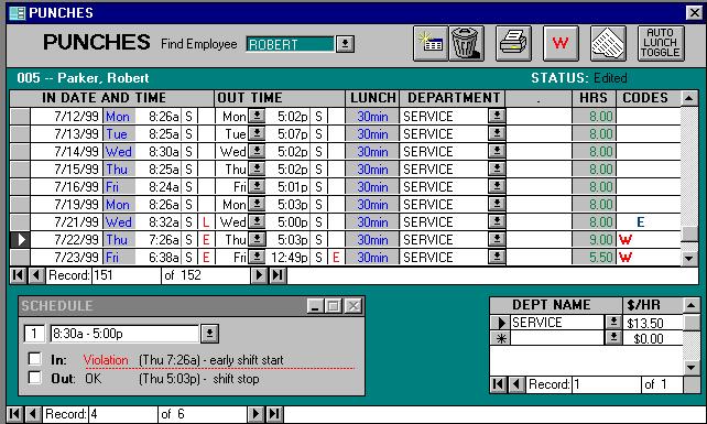 Chapter 6 - Punch Codes & Schedule Violations Within the employees Punch Edit screen, schedule violations are automatically detected and flagged with the W warning symbol.