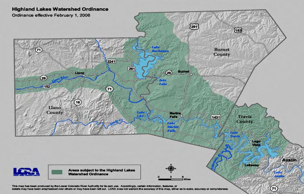 LCRA Watershed Ordinance (1,200 square miles, 3 counties, 18 cities, 5