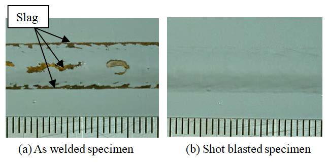 In addition, due to shot blasting, the Fig. 10 Fatigue test results of arc welded specimens with and without shot blasting.