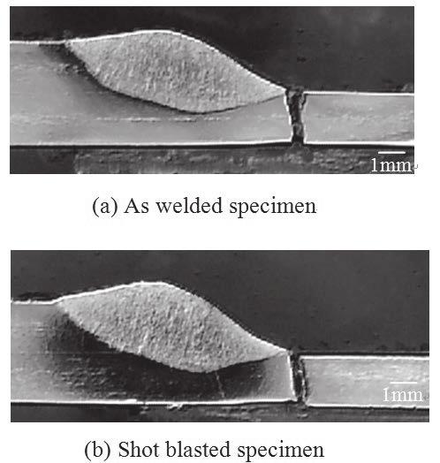 Effects of Shot Blasting on Corrosion Properties after Electrodeposition and Fatigue Properties of Arc Welds 1719 Fig. 11 Cross section of arc welds after fatigue tests (440 MPa steel).