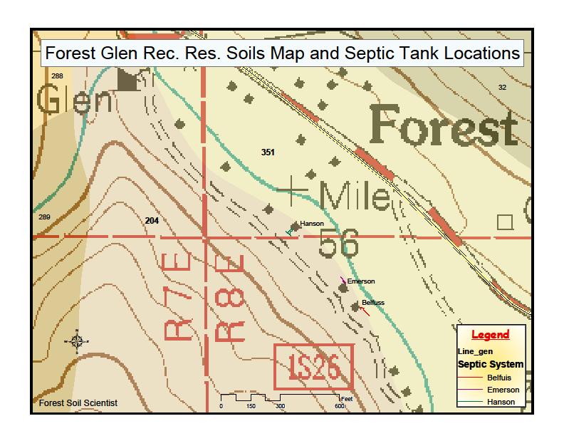 Forest Glen cabins which are located along the South Fork of the Trinity River are mostly on slope colluvium (map unit 204) mixed with upper terrace alluvial soils which are forest loams (gravelly