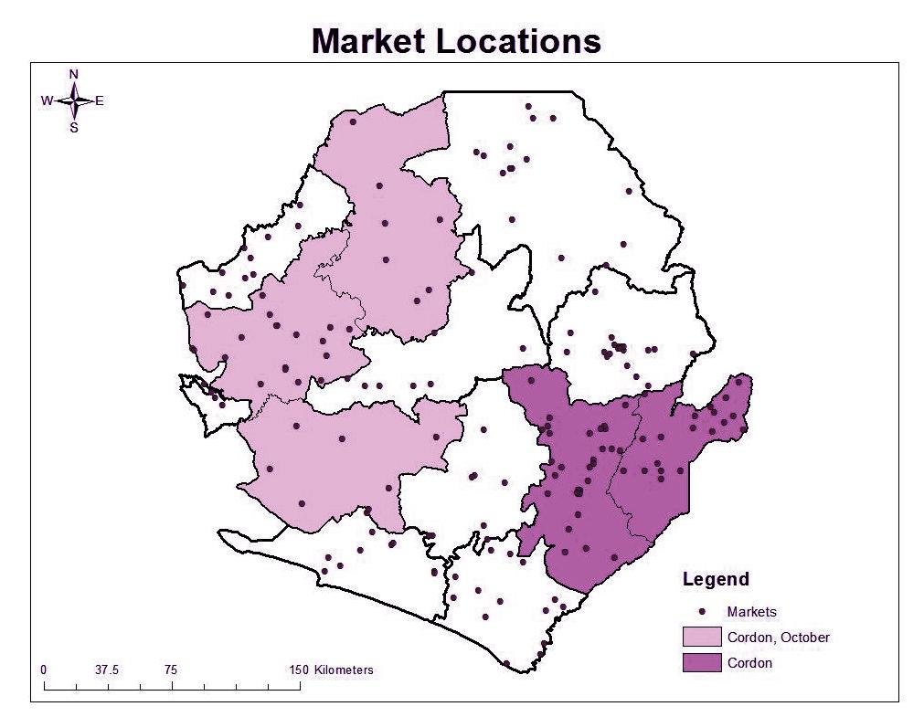 based. Figure 1 shows the geographic spread of the markets in the sample as well as which districts were under quarantine at the time of the survey.