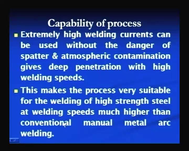 (Refer Slide Time: 14:09) The submerged arc welding is very capable process for joining of the thick seats particularly because of its capability to handle very high current and use high current