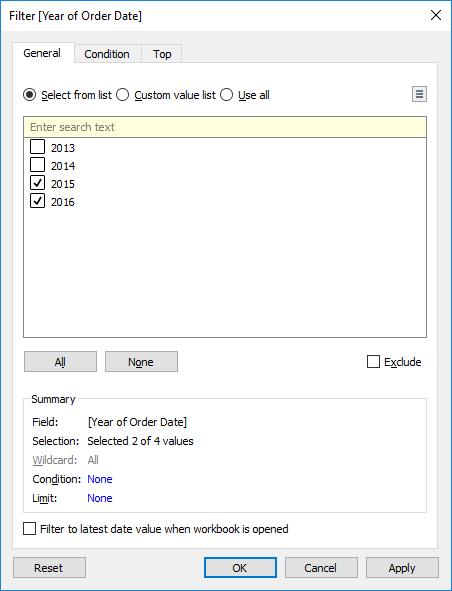 2. In the Filter Field dialog box, choose the date level you want to filter on Years. Then click [Next]. 3. In the next pane, clear any two years that you do not want to include in the view.
