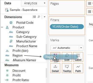 4.6 Use the Marks Card to Add Depth to your Analysis This step shows how you can modify the view to color the marks based on the region. 1.