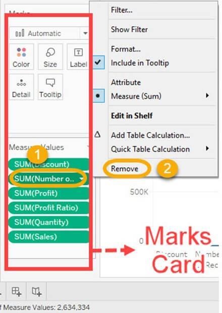 5.1.2 Remove Measure 1. Any measures can be removed from the visual by removing the measure from mark card.