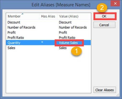 Right click on measure name present in Columns and select 'Edit Alias'. 2.