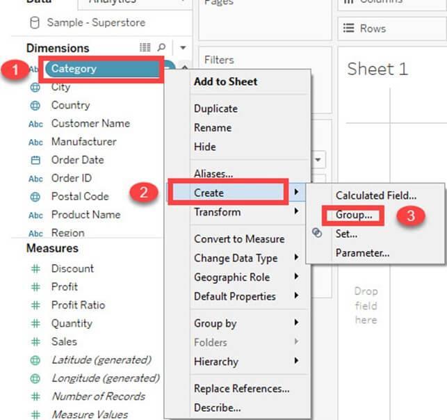 6.2 Build Groups Group is used to combine members present in a field. For example, aggregated values of 'Furniture' and 'Office Supplies' can be obtained by using group.
