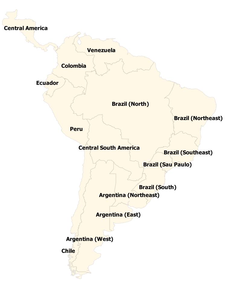 Overview South America is structured into 15 sub-regions Central America (Panama+Costa Rica+Nicaragua+Honduras+El Salvador+Guatemala+Belize) Venezuela, Colombia,