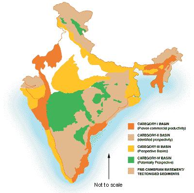 Sedimentary basin distribution As of April 2009, the sedimentary basins of India, onland and offshore up to the 200 m isobaths, had an areal extent of about 1.79 million sq. km.