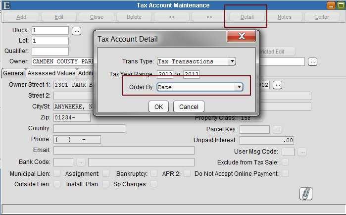5- Property Tax Detail Button The Detail button on Tax Account Maintenance has a few new options.