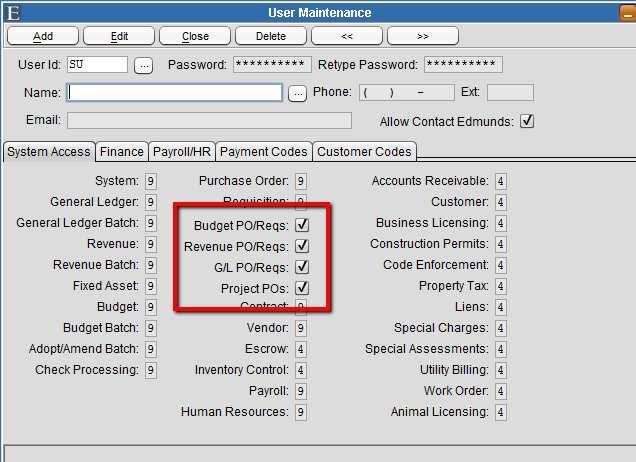 Purchase Order Security Go To: System Utilities > User Maintenance Purchase Order security has changed from a combo box with options of Budget, Project, or Both to check