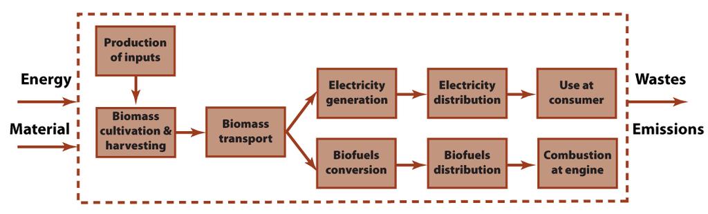 GHG accounting with an LCA can be performed at each phase of the biopower pathway: biomass cultivation and harvest, biomass transport, electricity generation, electricity transmission and