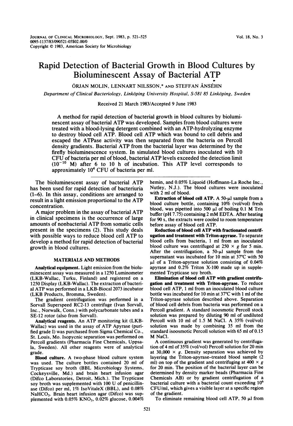 JOURNAL OF CLINICAL MICROBIOLOGY, Sept. 1983, p. 521-525 0095-1137/83/090521-05$02.00/O Copyright C 1983, American Society for Microbiology Vol. 18, No.