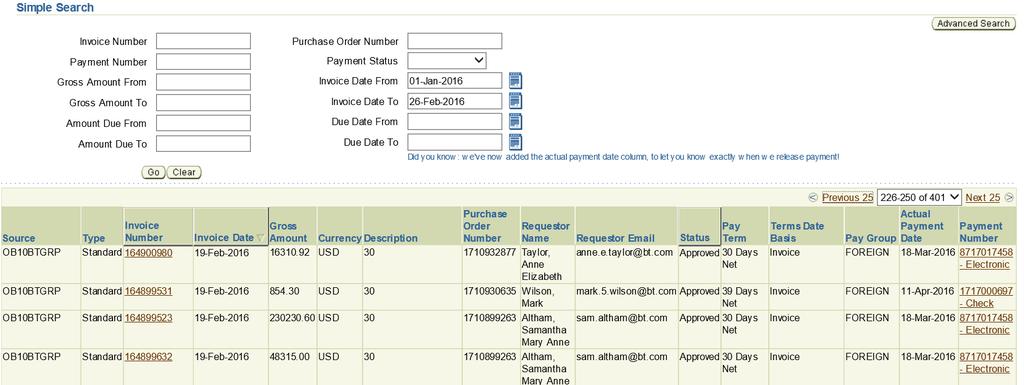 Viewing invoices You can filter your search results by payment status or export by clicking export to CSV file.