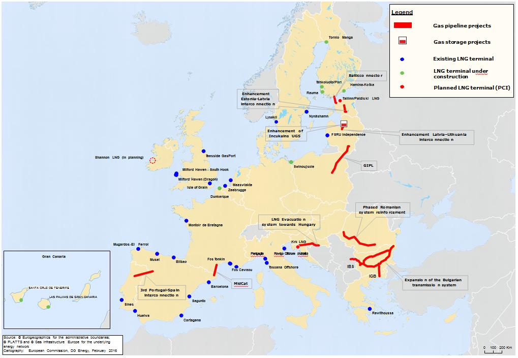EU infrastructure relevant for the LNG and storage strategy. Missing links: Infrastructure to be built/reinforced to improve connections of LNG terminals to the internal market.