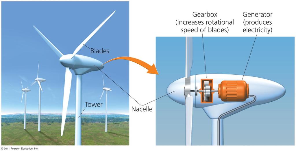 Wind turbines turn kinetic to electric energy Wind blowing into a turbine turns the blades of the rotor - Which rotate machinery