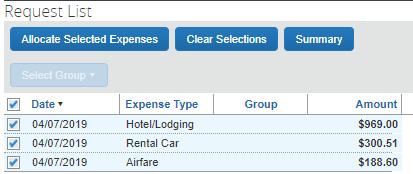Step 2: Create Request Figure 8 Allocate Reservation Expenses Check all the boxes, then select Allocate Selected Expenses. The Allocations screen (Figure 9) opens.