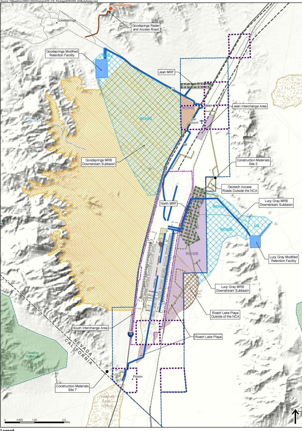 Proposed Ivanpah Valley Airport Retention Basin Transportation /Utility Downstream of Basin Construction Materials Site 6,000 acre airport site + 17,000 acres noise compatibility +