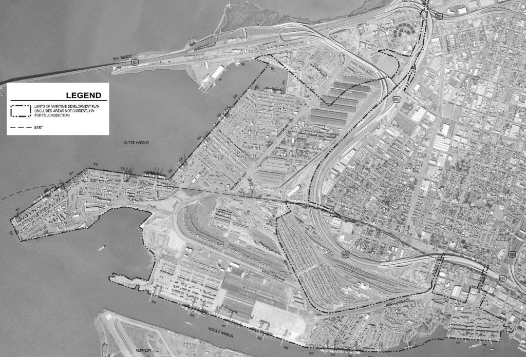 Figure 2.1 shows the current configuration of the Port, with the limited set of physical constraints. Berth 21 Expansion Red Line Port Boundary Middle Harbor Park BART Line Obstacle Figure 2.