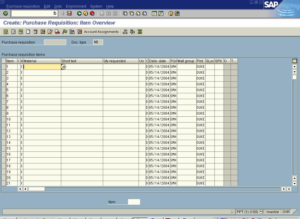 R/3: Requisition Processing Step by Step May 2003 Create a Purchase Requisition using a Material Master ME51 3.