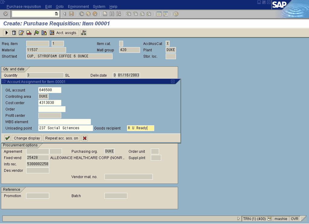 R/3: Requisition Processing Step by Step May 2003 Create a Purchase Requisition using a Material Master ME51 The following screen is displayed with the GL account defaulted: 15.